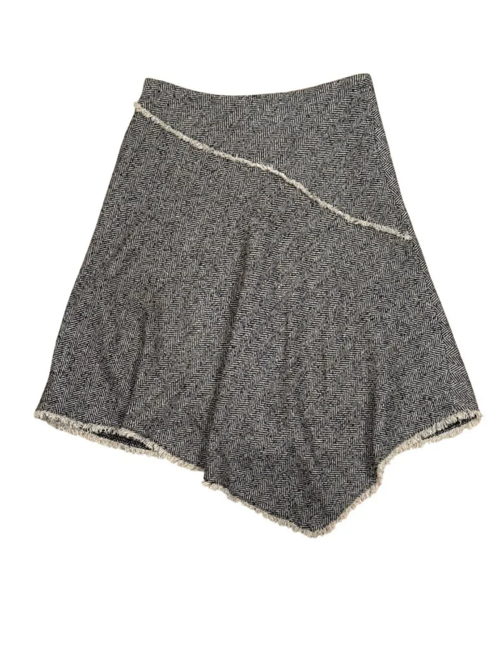 DKNY Wool Blend Herringbone Size 4 Black White Frayed Hem Midi